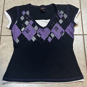 Anxiety Women’s: Large Black/Purple/Gray Diamond Argyle Rhinestone faux layers